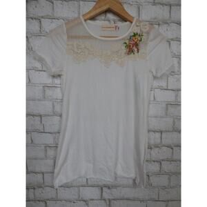 Johnny Was 4 Love and Liberty Ivory Illusion Neck Embroidered Top XS NEW J728